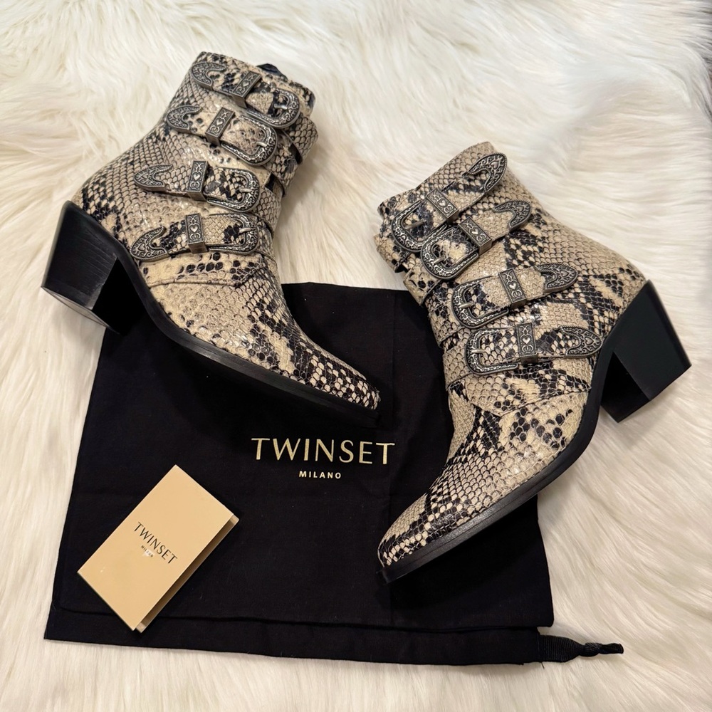 Twinset Milano Python Print Leather Heeled Ankle Boots Size EU 36 / US 6 - Picture 5 of 16